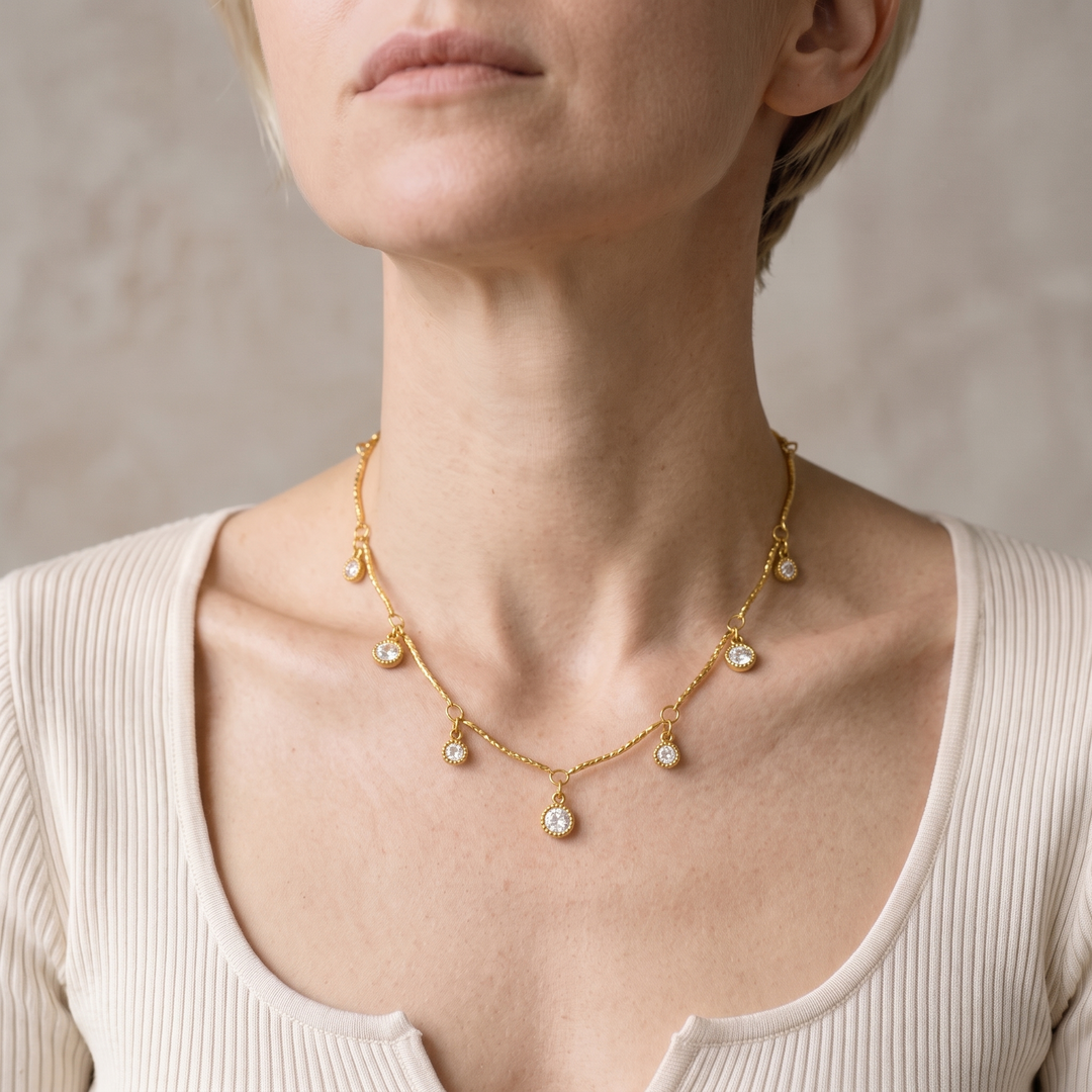Crystal Droplet Necklace worn by model c08