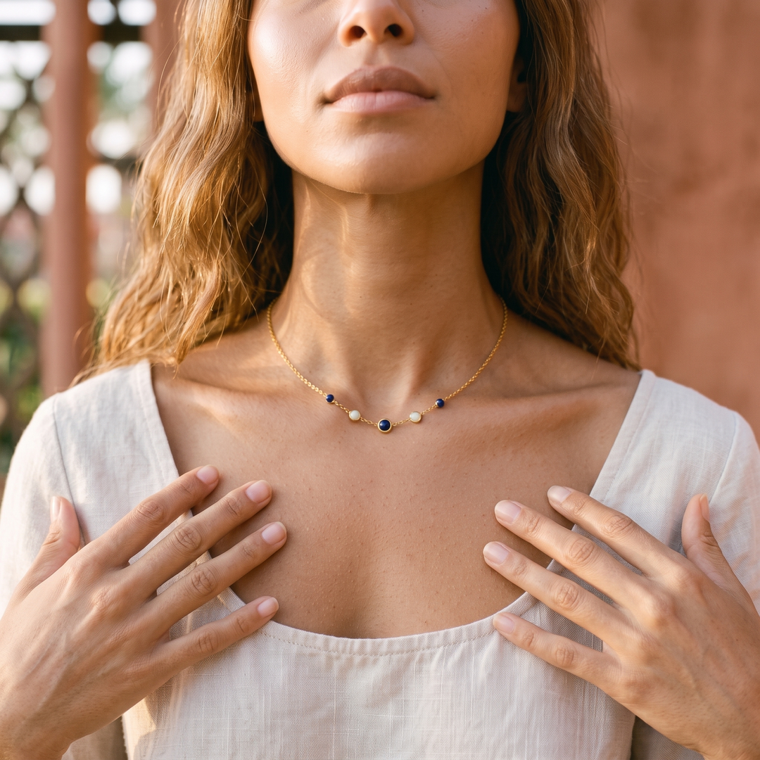 Dainty Bead Layering Necklace worn by model e03
