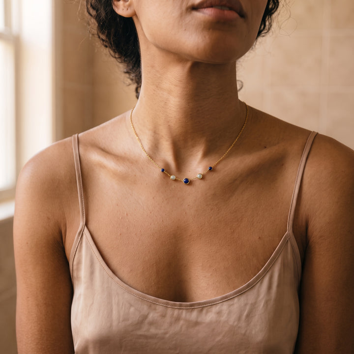 Dainty Bead Layering Necklace worn by model c10