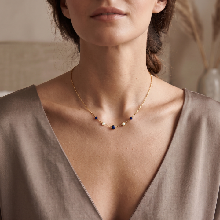 Dainty Bead Layering Necklace worn by model d08