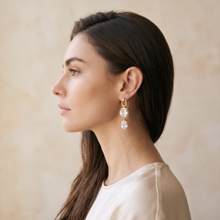 Heart & Drop Crystal Earrings worn by model d01