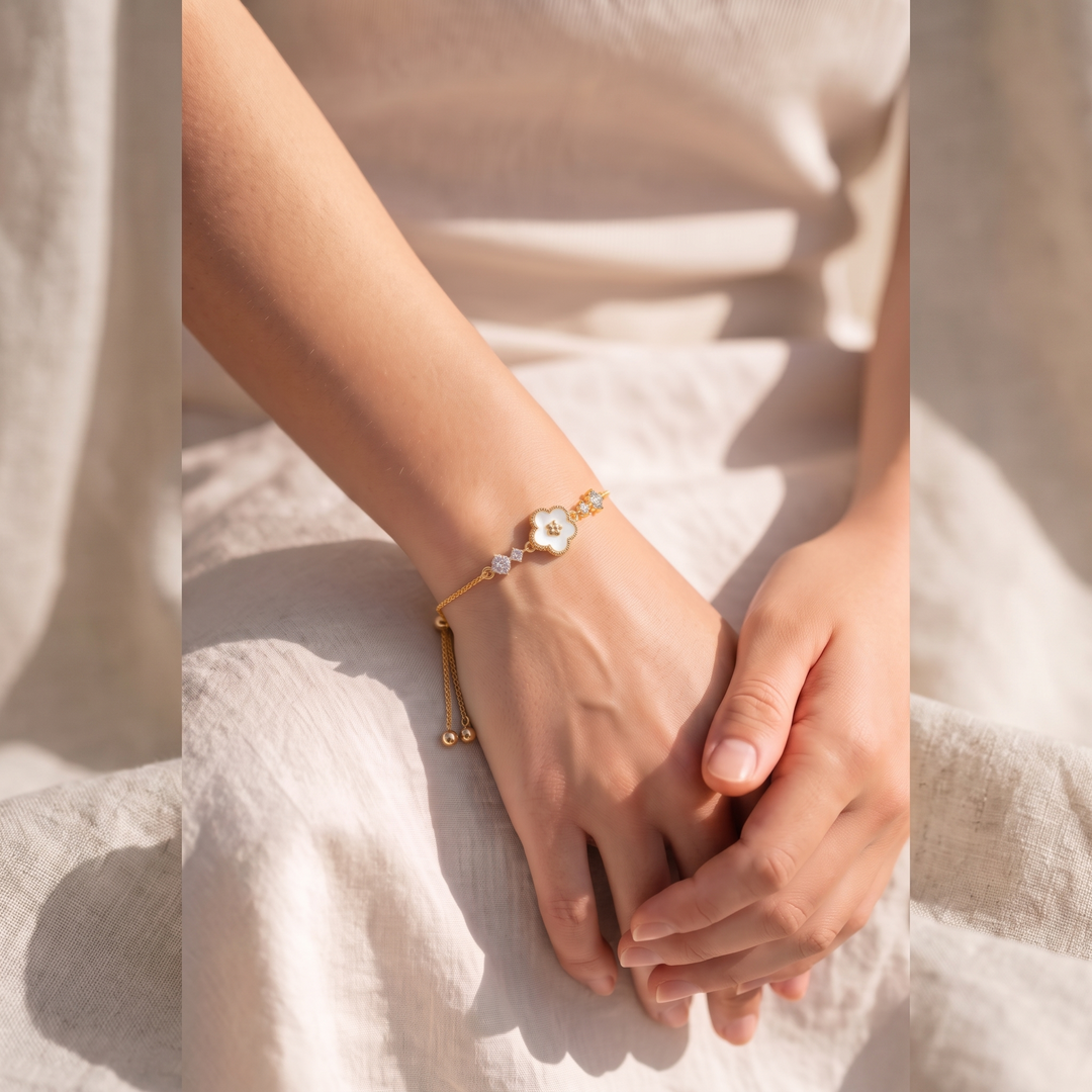 Blanche Clover Bracelet worn on the wrist