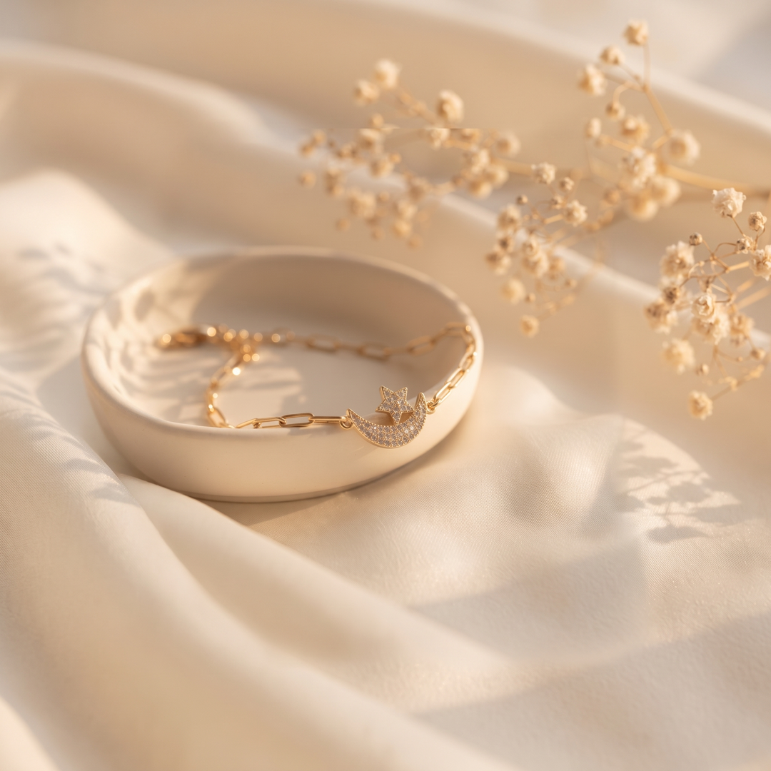 Céleste Moon & Star Bracelet on ivory silk with dried flowers