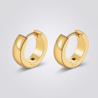 Chunky Huggie Hoops – pair of gold-tone wide-band huggie hoop earrings, front view on grey studio background