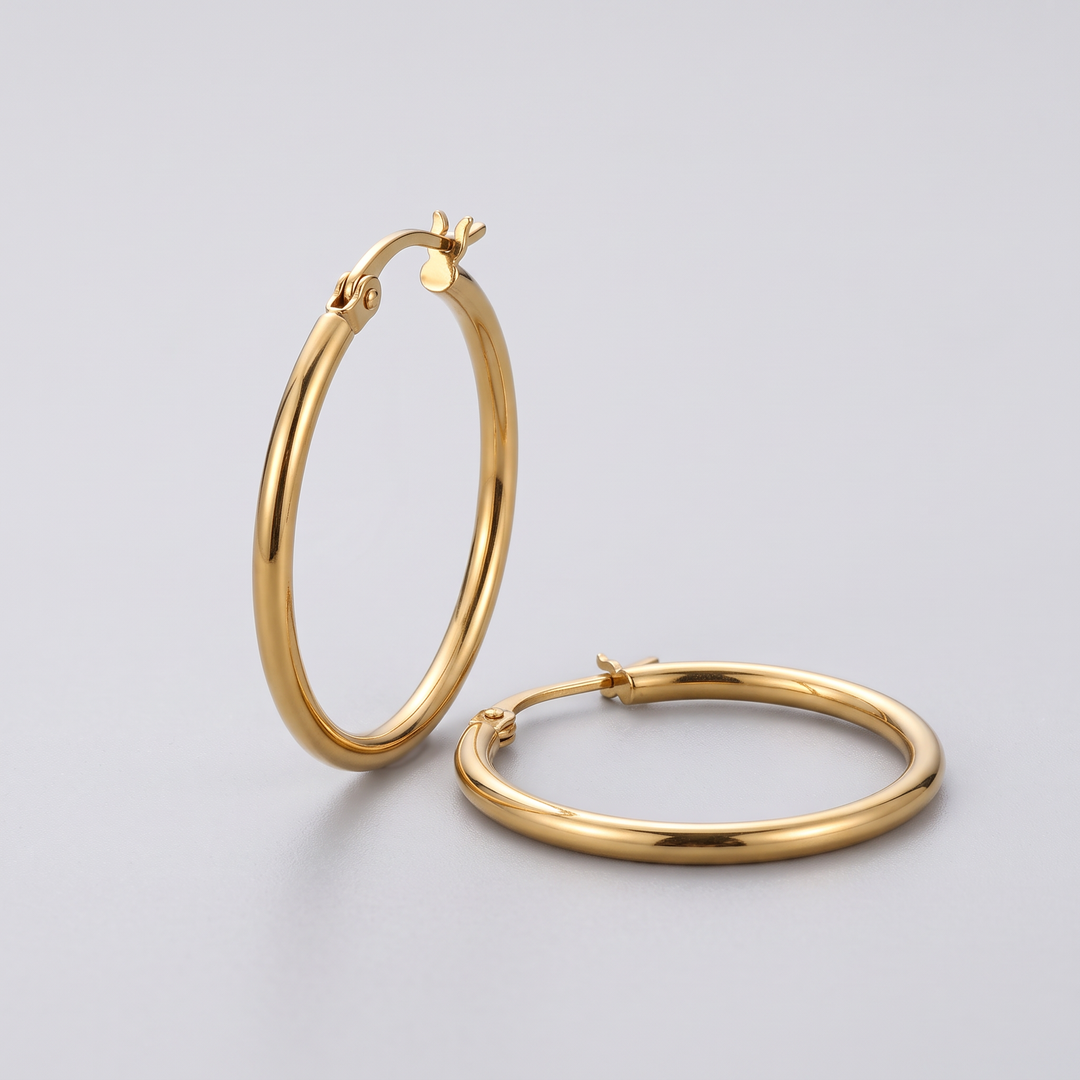 Everyday Hoops: close-up of the polished gold-tone round wire and the top of the hoop