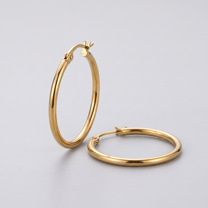 Everyday Hoops: close-up of the polished gold-tone round wire and the top of the hoop