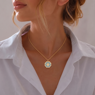 North Star Pendant Necklace worn on the neck