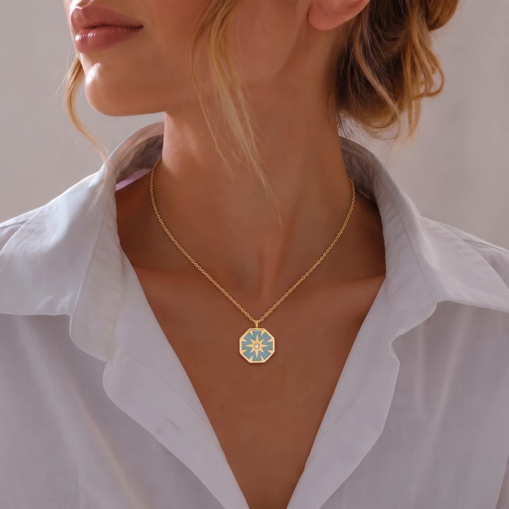 North Star Pendant Necklace worn on the neck