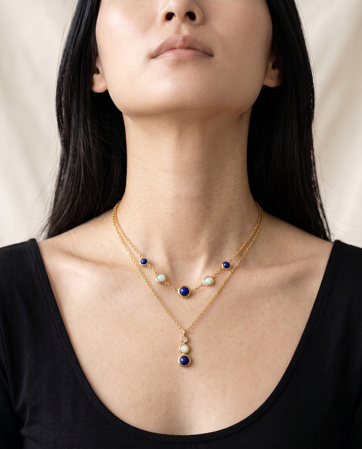 Blue Stone Layered Necklace worn by model e04
