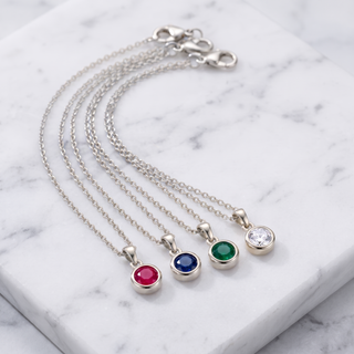 Birthstone Pendant Necklace in silver, four birthstone colours