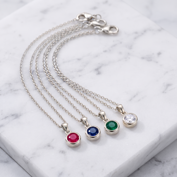Birthstone Pendant Necklace in silver, four birthstone colours