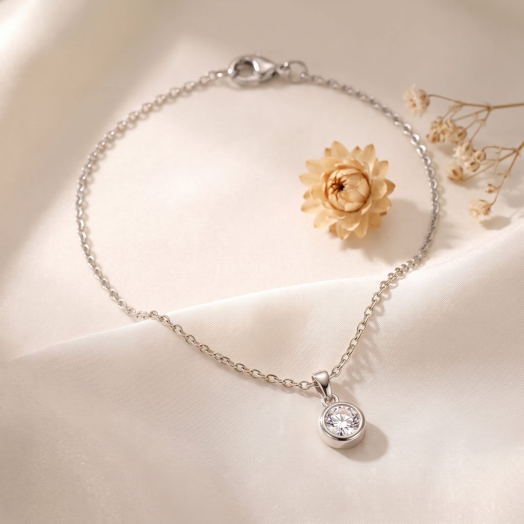 Birthstone Pendant Necklace in silver on ivory silk