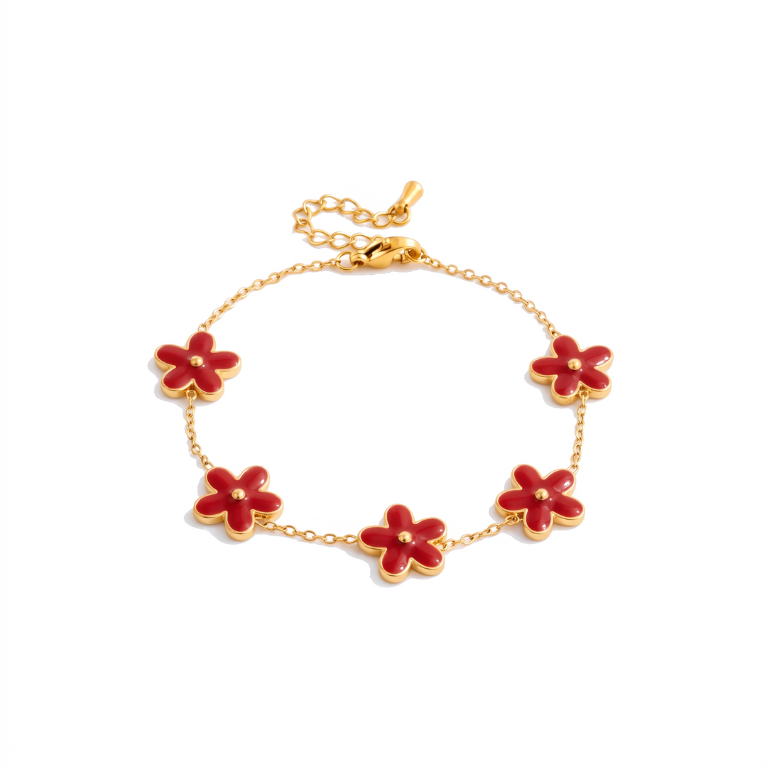 Lucky Petal Bracelet with red enamel petals on white background