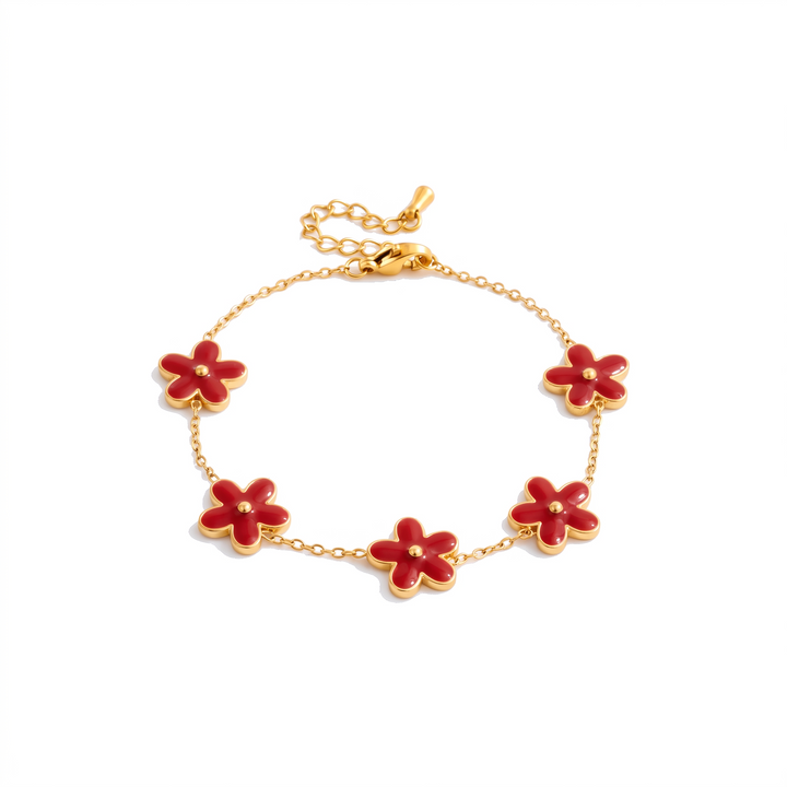 Lucky Petal Bracelet with red enamel petals on white background