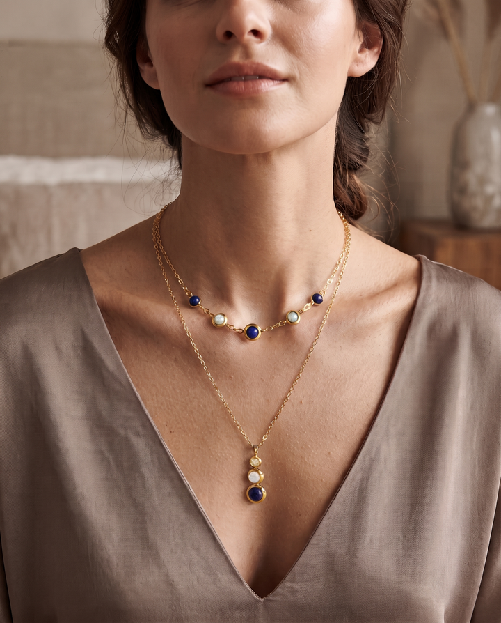 Blue Stone Layered Necklace worn by model d08