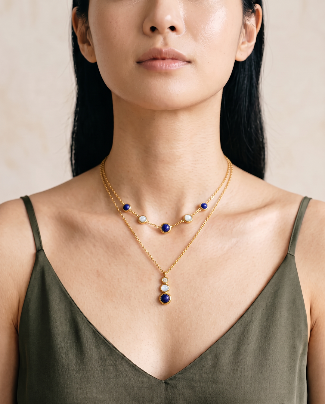 Blue Stone Layered Necklace worn by model d10