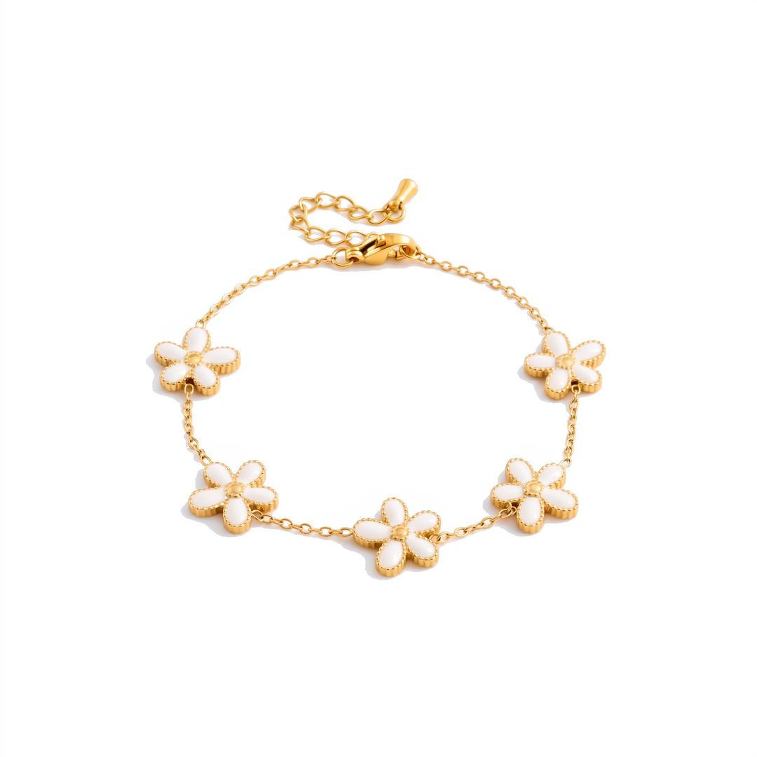 Lucky Petal Bracelet with white enamel petals on white background