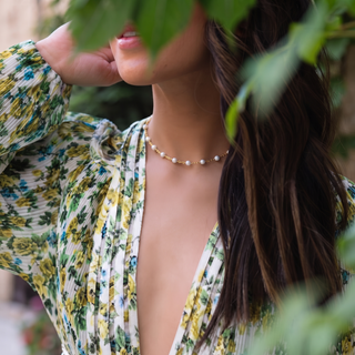 White Enamel Bead Choker worn on the neck