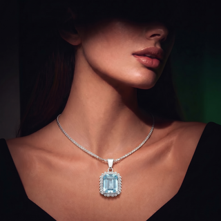 Vintage Gemstone Pendant Necklace, silver with aquamarine, worn on the neck