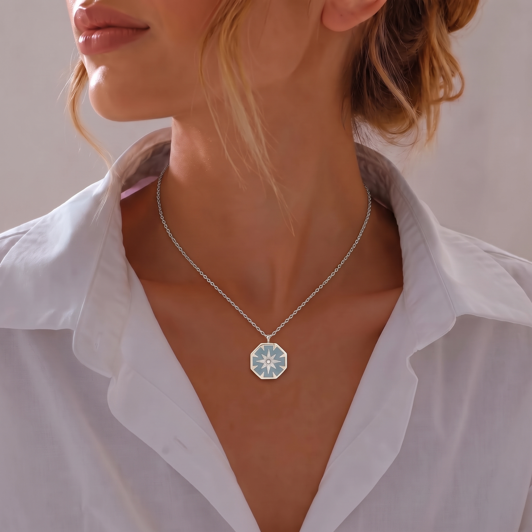 North Star Pendant Necklace in silver worn on the neck