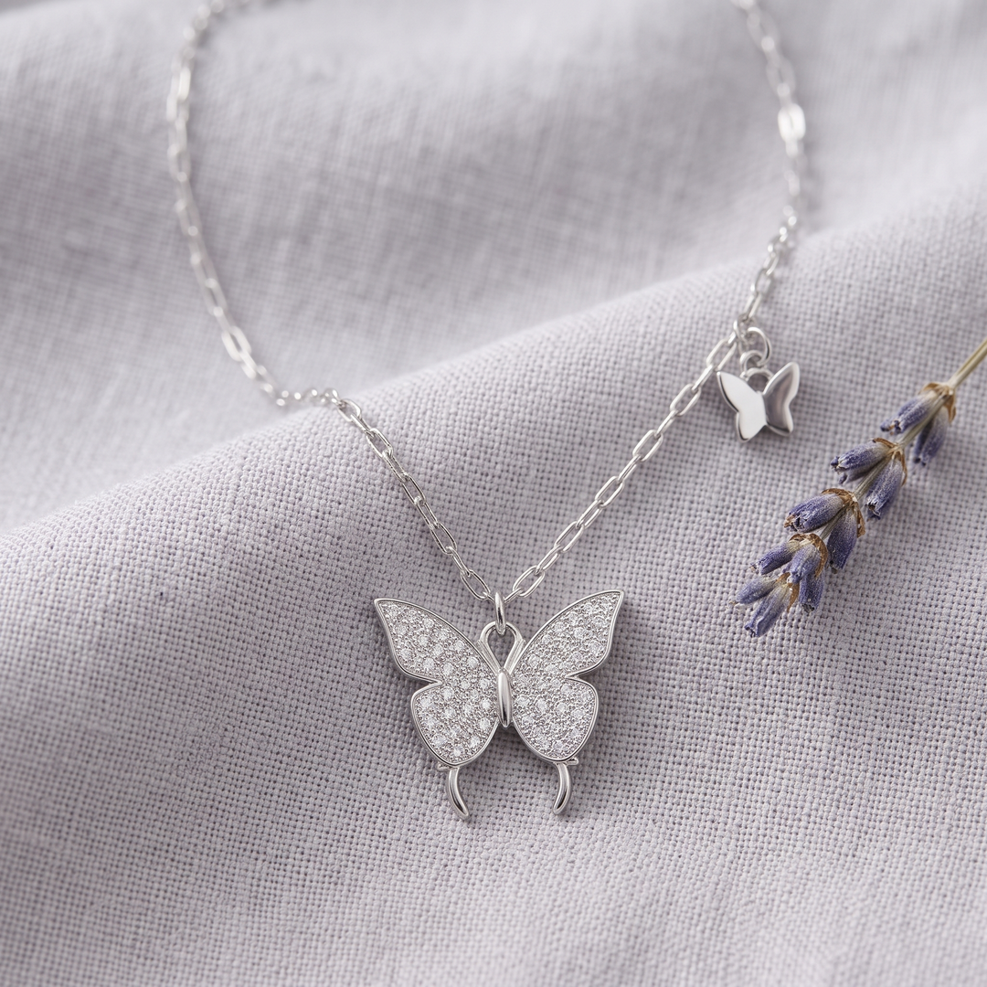 Butteréa Crystal Necklace on grey linen with lavender