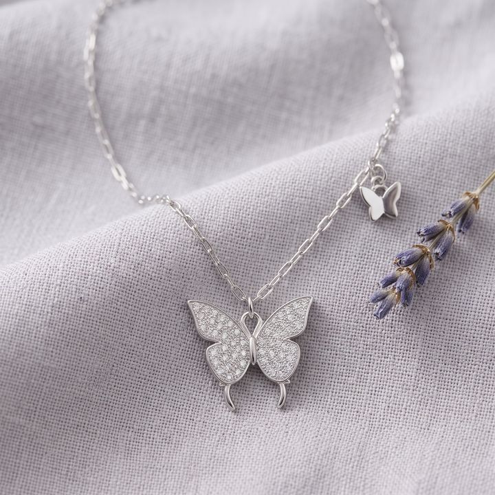 Butteréa Crystal Necklace on grey linen with lavender