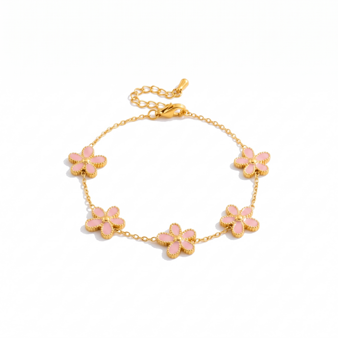 Lucky Petal Bracelet with pink enamel petals on white background