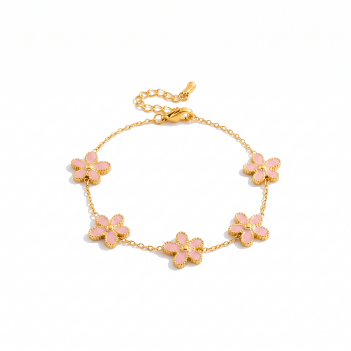 Lucky Petal Bracelet with pink enamel petals on white background