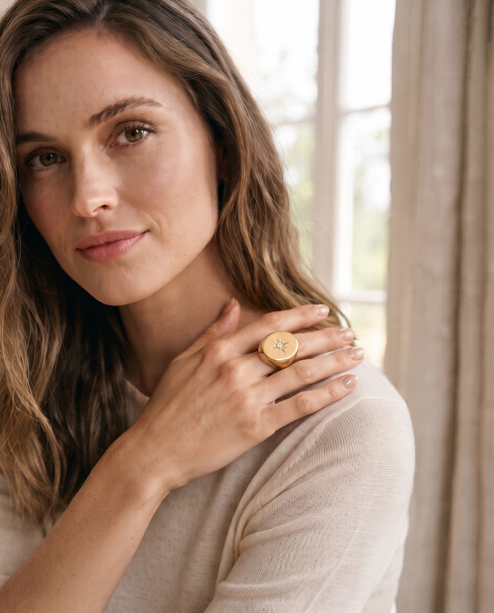 North Star Signet Ring worn by model d07