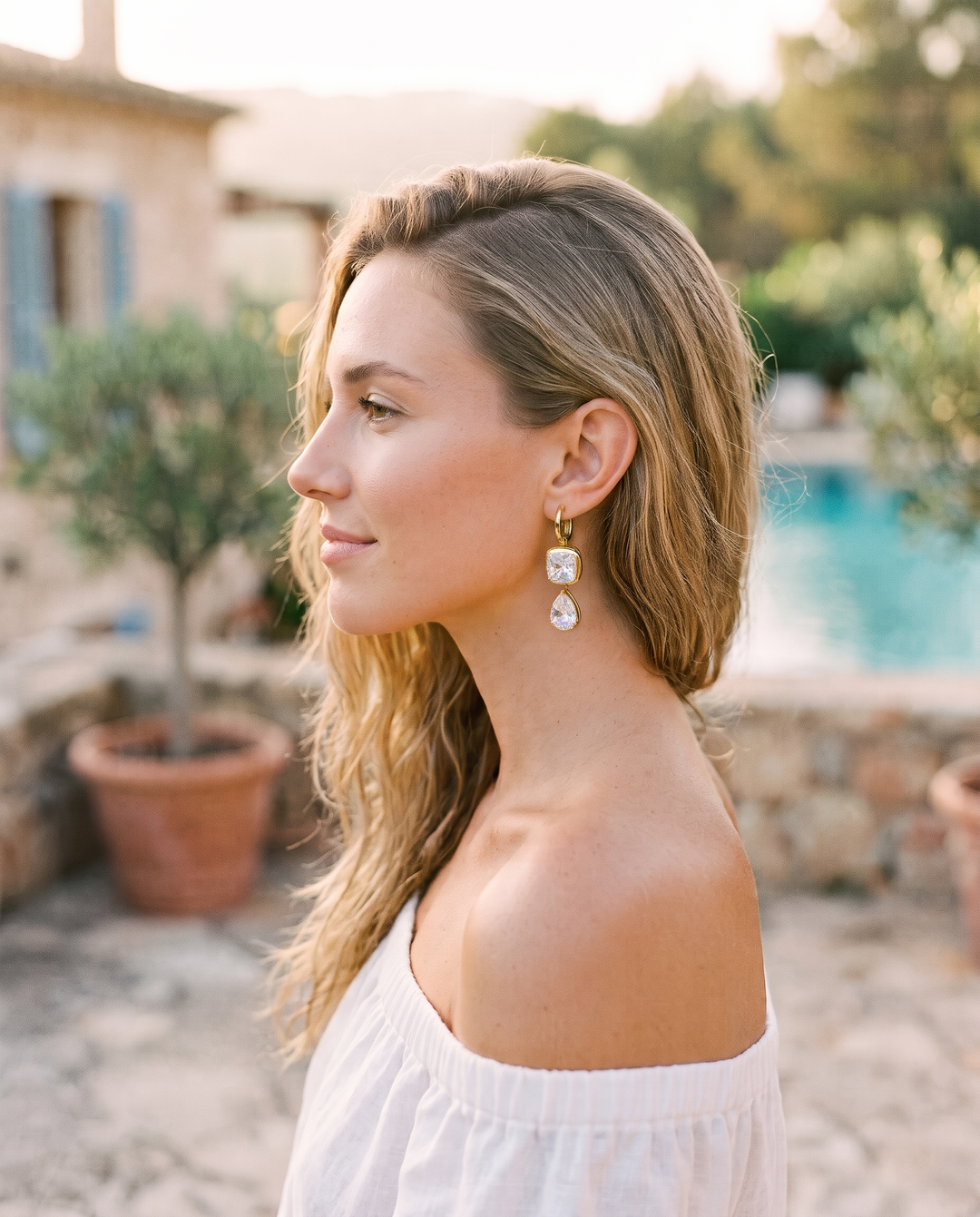 Heart & Drop Crystal Earrings worn by model d06