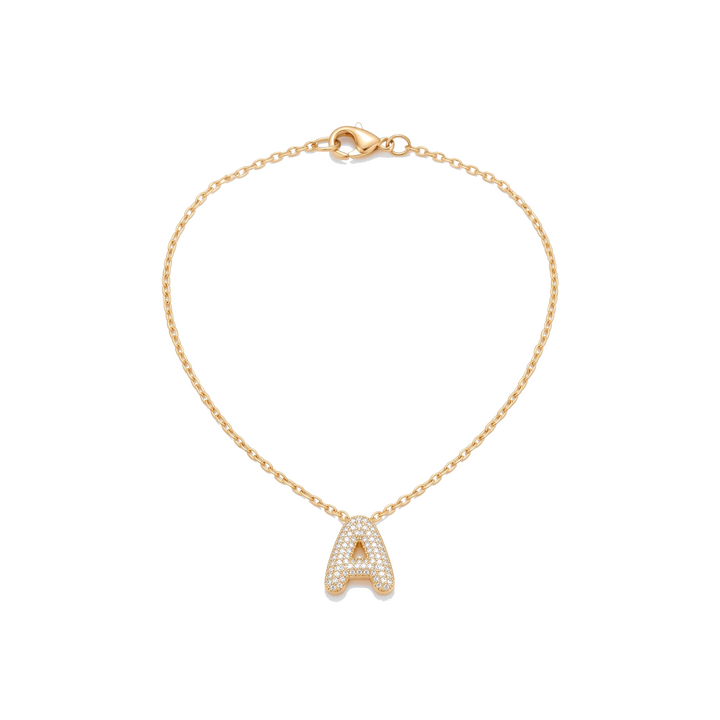 Bubble Initial Crystal Necklace in gold on white background