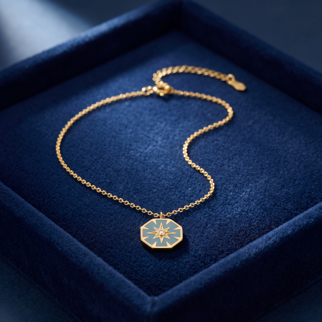 North Star Pendant Necklace on navy velvet