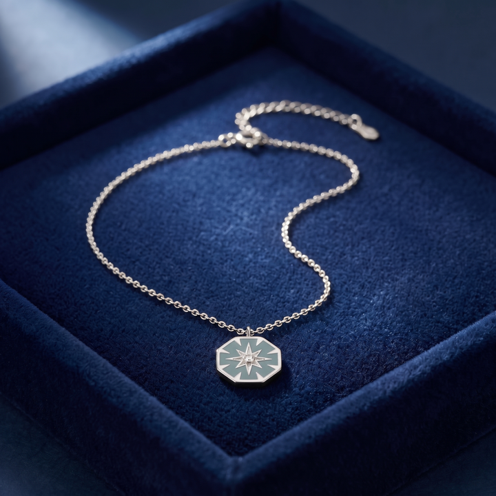 North Star Pendant Necklace in silver on navy velvet