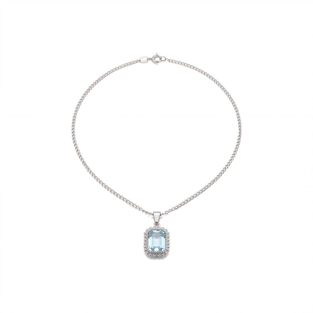 Vintage Gemstone Pendant Necklace, silver with aquamarine, on white background