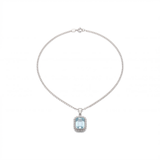 Vintage Gemstone Pendant Necklace, silver with aquamarine, on white background