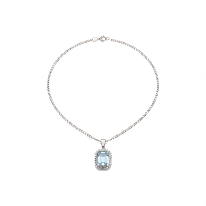 Vintage Gemstone Pendant Necklace, silver with aquamarine, on white background