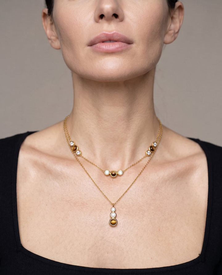 Amber Stone Layered Necklace worn by model d05