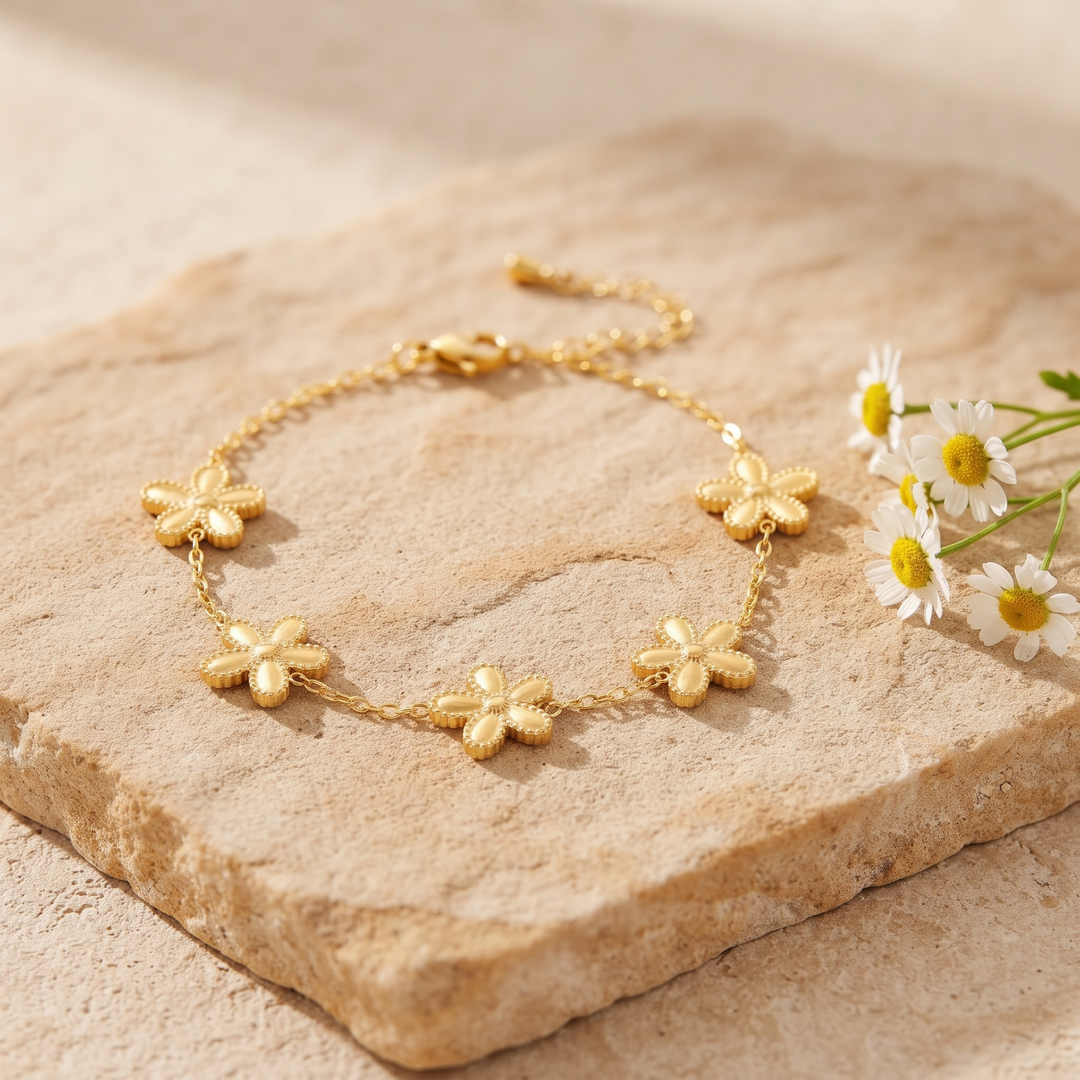 Lucky Petal Bracelet on sandstone with daisies