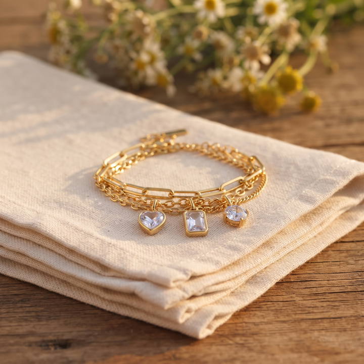 Multi Chain Bracelet on linen napkins
