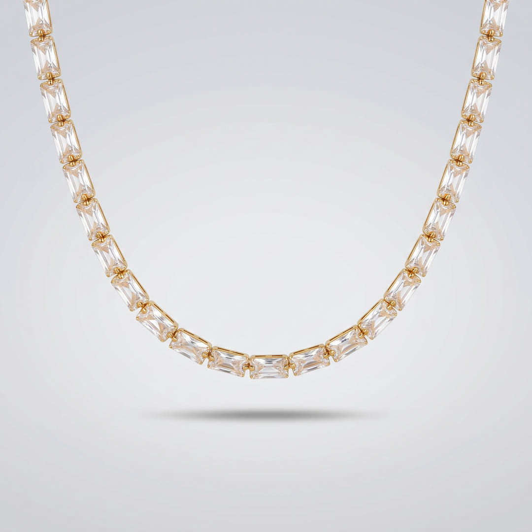 Classic Tennis Necklace curved view showing the single row of clear stones in gold-tone settings