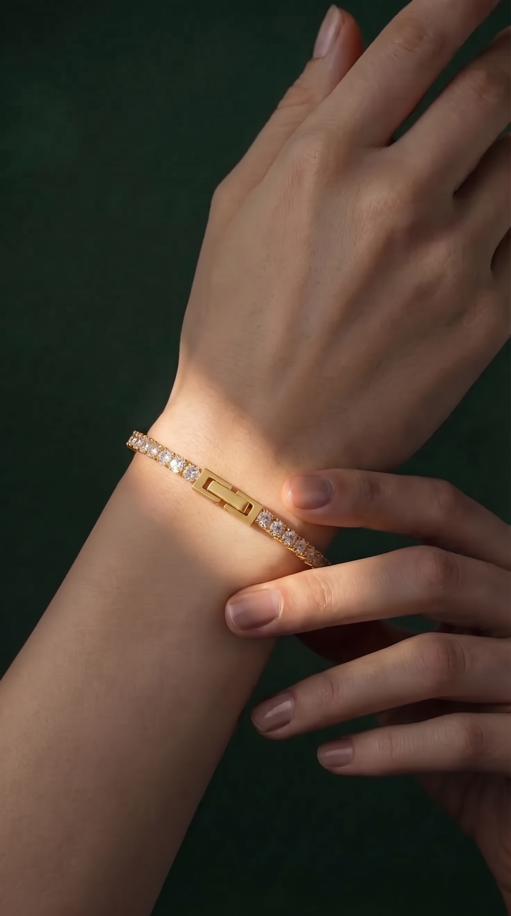 Classic Tennis Bracelet on the wrist, close-up