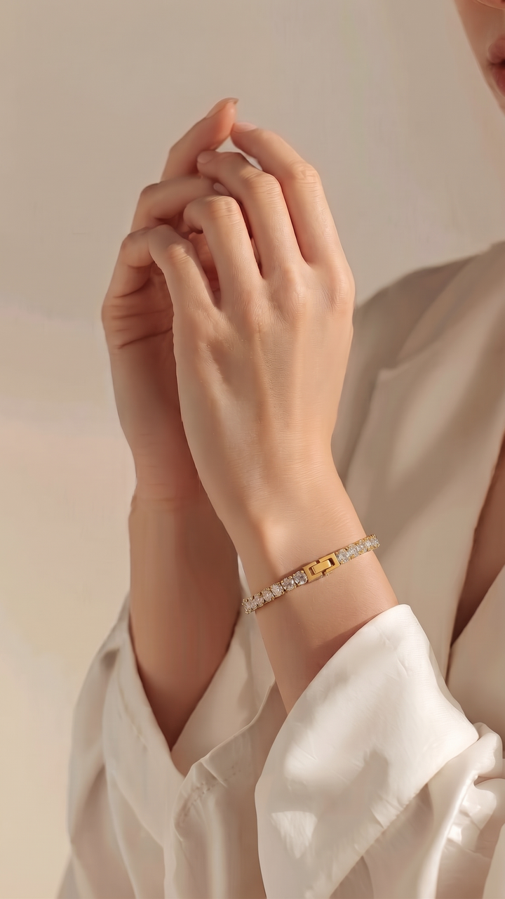 Classic Tennis Bracelet worn with a white shirt