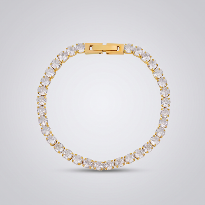 Classic Tennis Bracelet in gold, single row of clear stones