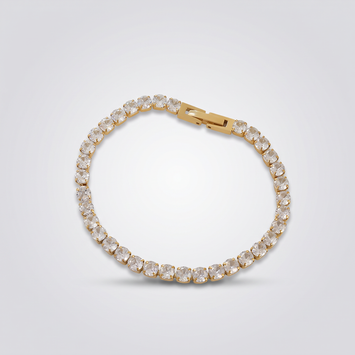 Petite Tennis Bracelet in gold-tone, angled view showing the box clasp and round stones