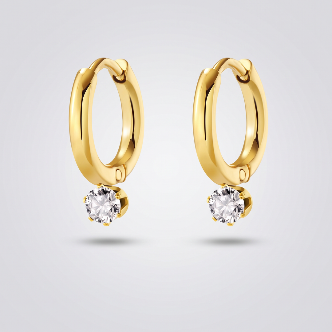 Mini Crystal Huggies - gold-tone huggie hoops with round clear zirconia drop, pair, front view