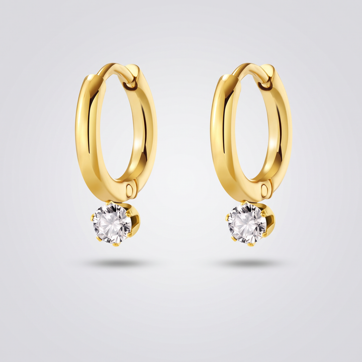 Mini Crystal Huggies - gold-tone huggie hoops with round clear zirconia drop, pair, front view