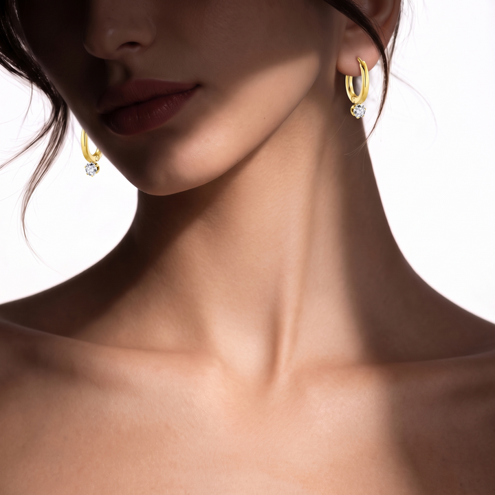 Mini Crystal Huggies worn on a model, white background