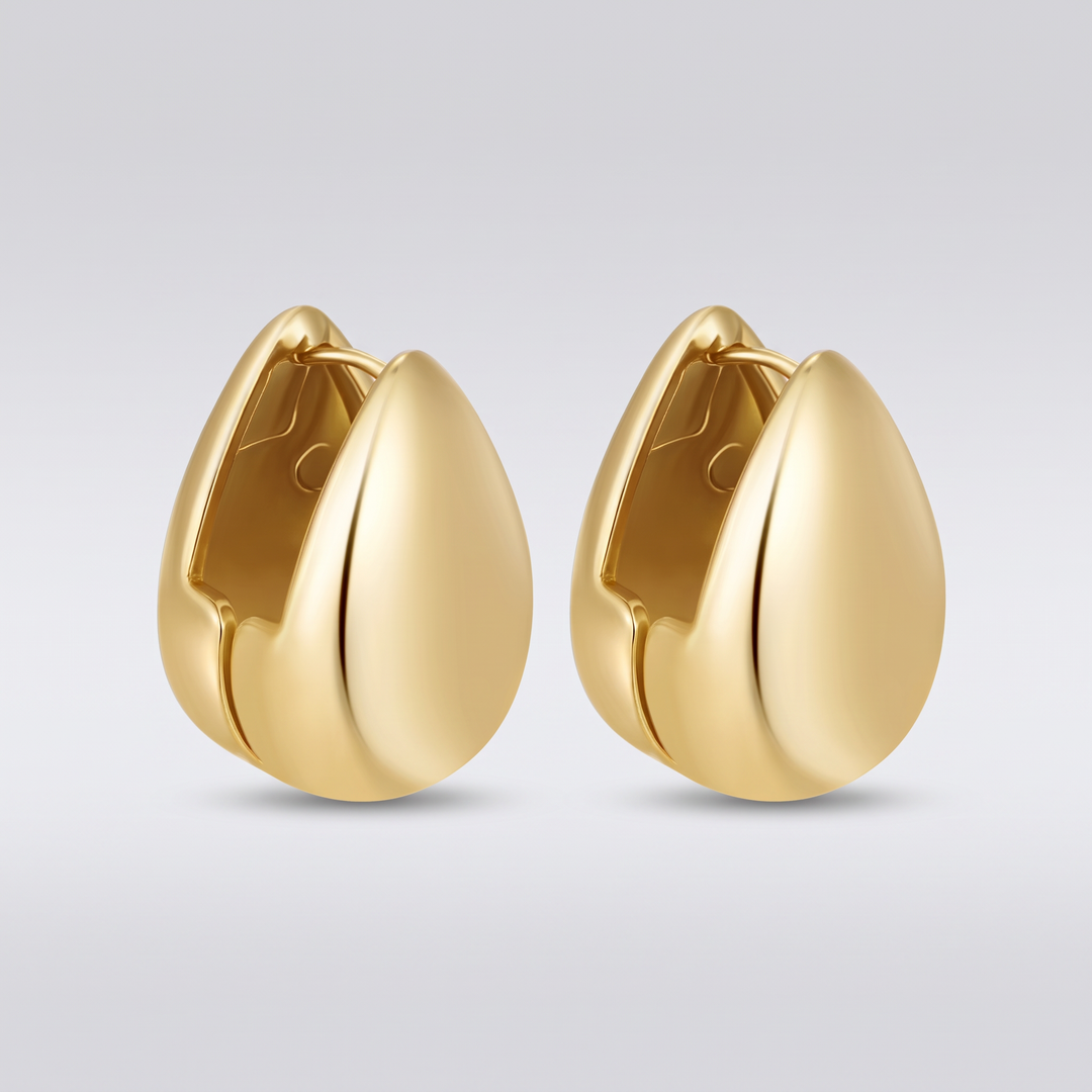 Moshié Teardrop Hoops in gold tone, pair, front view on a light grey studio background