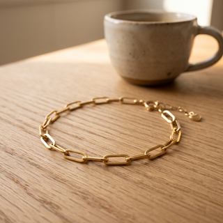 Paperclip Chain Bracelet on an oak table