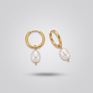 Pearl Drop Huggies in gold: angled view of the pair showing hoop and pearl drop